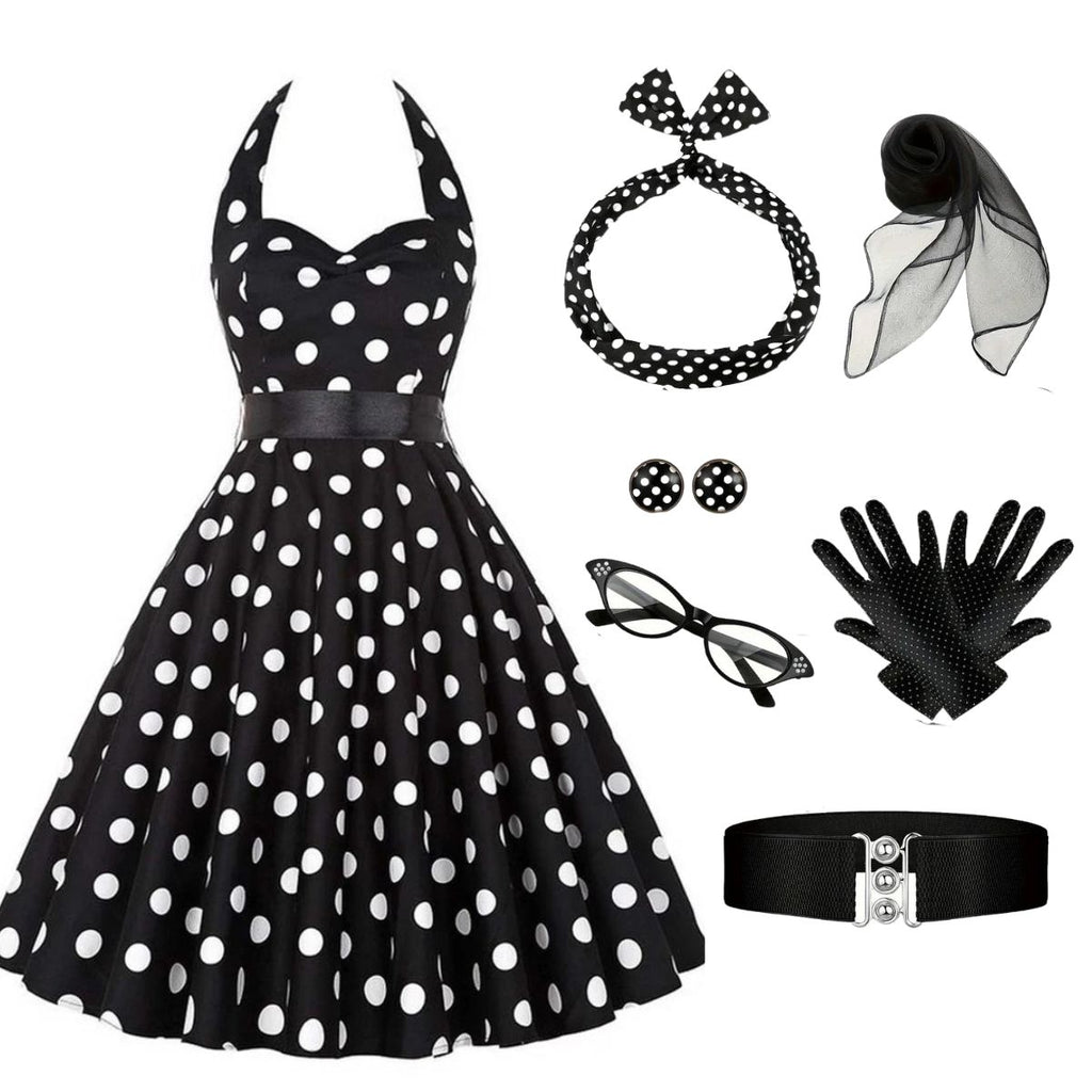 1950s Halter Contrast Polka Dots Belted Dress With Accessories Set - vintage dress, retro fashion, rockabilly