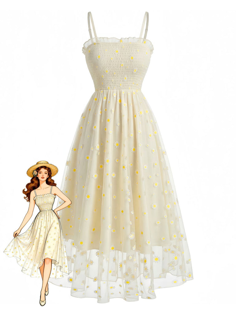 Light Yellow 1950s Daisy Embroidered Smocked Tulle Midi Dress - vintage dress, retro fashion, rockabilly