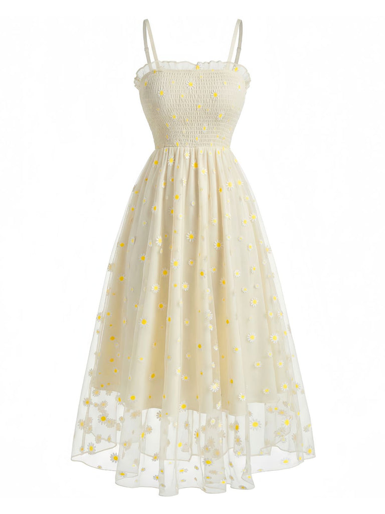 Light Yellow 1950s Daisy Embroidered Smocked Tulle Midi Dress - vintage dress, retro fashion, rockabilly