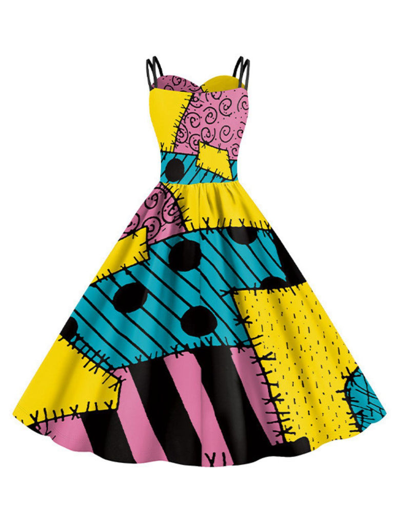 Multicolor 1950s Nightmare Before Christmas Sally Colorblock Dress - vintage dress, retro fashion, rockabilly