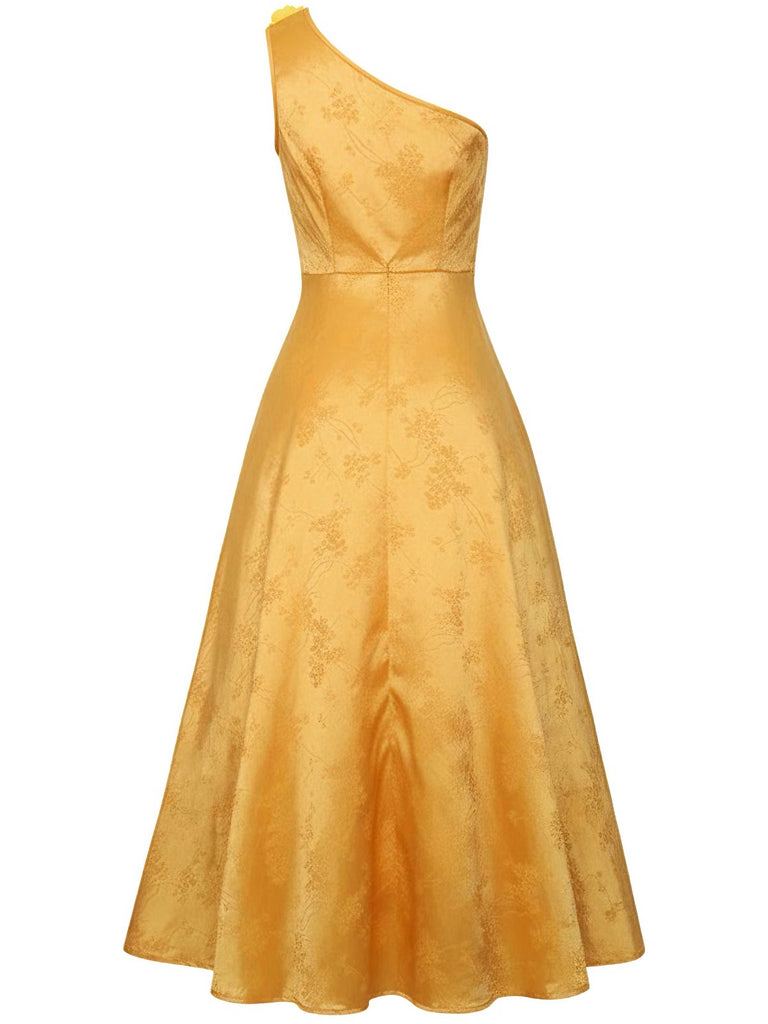 1950s One-Shoulder Jacquard Judy Cosplay Dress With 3D Floral Hairband - vintage dress, retro fashion, rockabilly