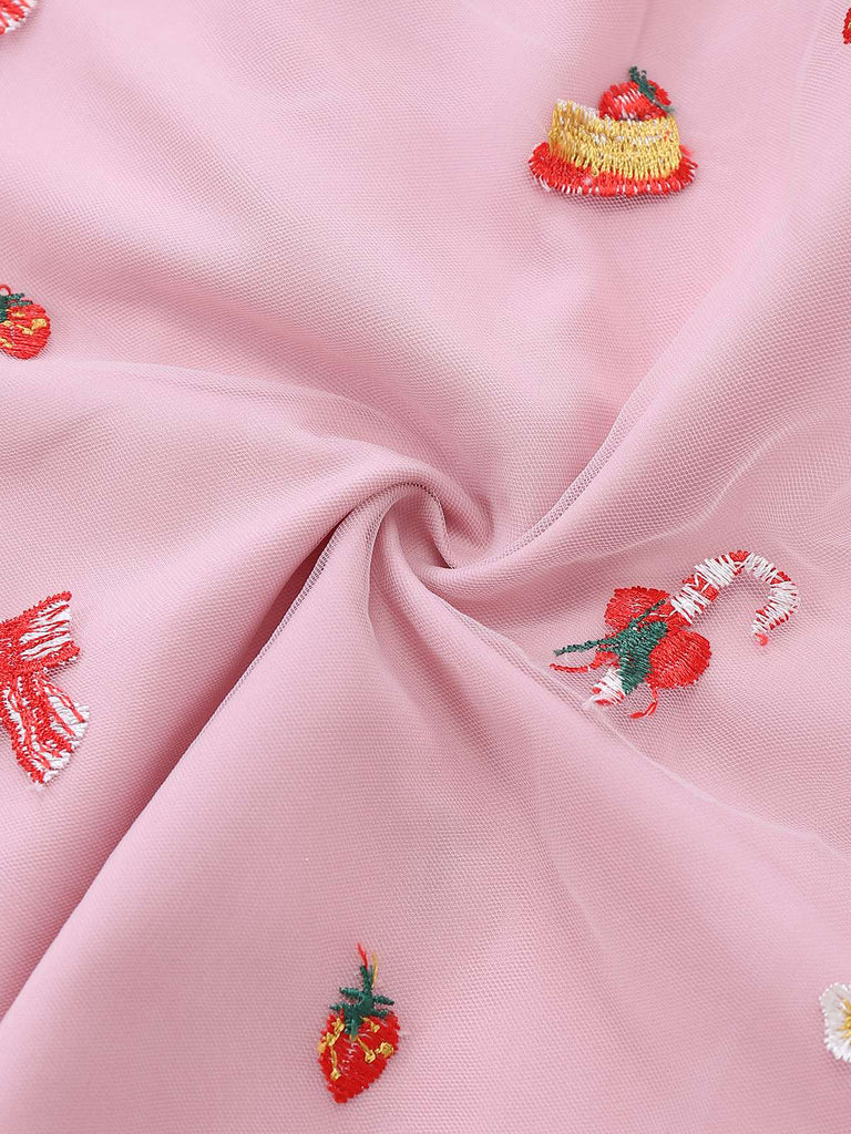 Pink 1950s Christmas Furry Strapless Sequined Mesh Dress - vintage dress, retro fashion, rockabilly