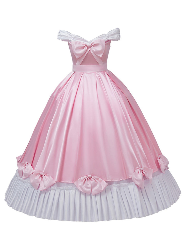 Pink 1950s Off-Shoulder Pleated Satin Bow Princess Dress - vintage dress, retro fashion, rockabilly