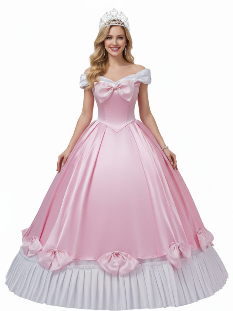 Pink 1950s Off-Shoulder Pleated Satin Bow Princess Dress - vintage dress, retro fashion, rockabilly
