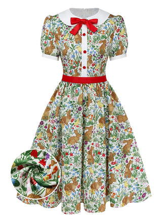 1950s Rabbit Floral Button Bow Peter Pan Collar Dress - vintage dress, retro fashion, rockabilly