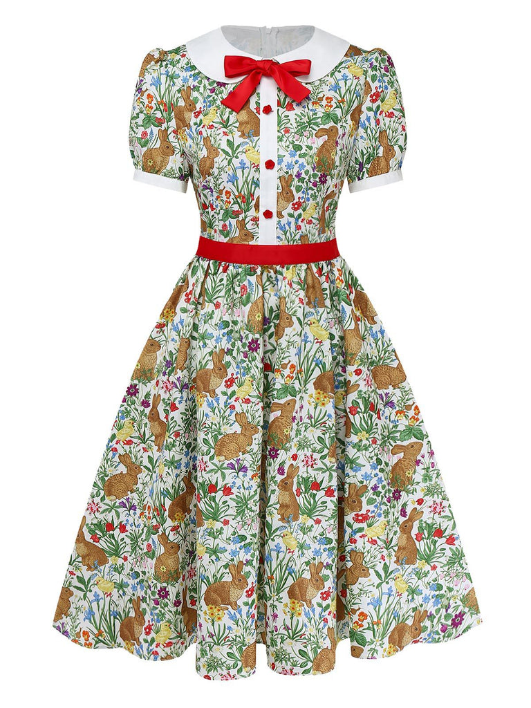 1950s Rabbit Floral Button Bow Peter Pan Collar Dress - vintage dress, retro fashion, rockabilly
