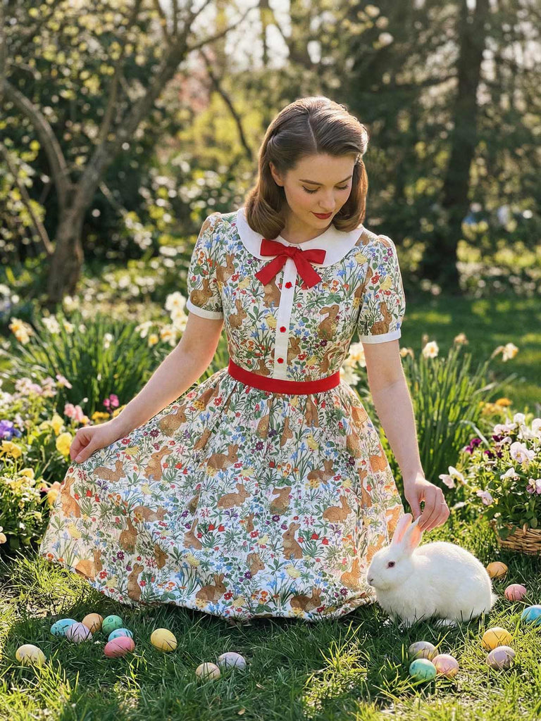 1950s Rabbit Floral Button Bow Peter Pan Collar Dress - vintage dress, retro fashion, rockabilly