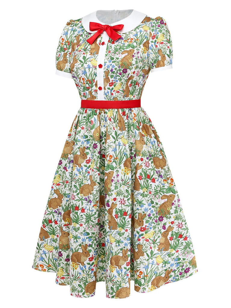 1950s Rabbit Floral Button Bow Peter Pan Collar Dress - vintage dress, retro fashion, rockabilly