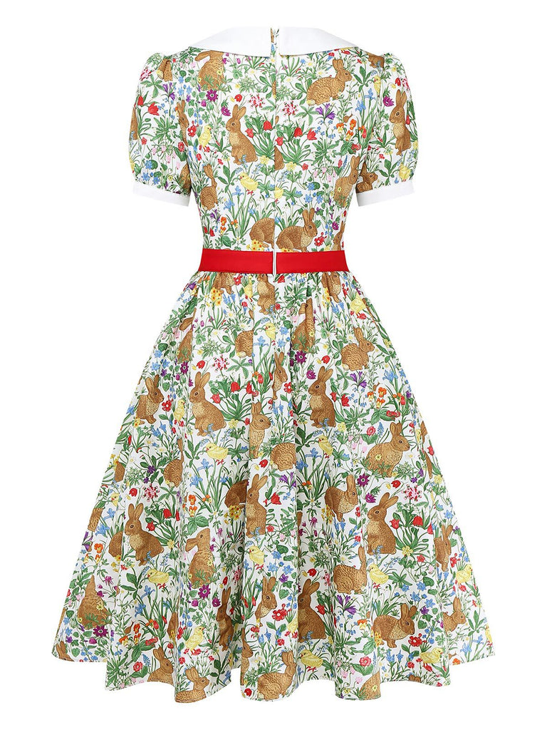1950s Rabbit Floral Button Bow Peter Pan Collar Dress - vintage dress, retro fashion, rockabilly