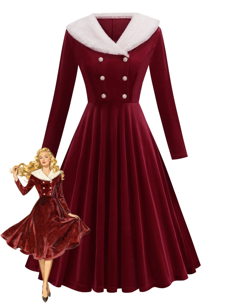 Red 1950s Christmas Velvet Santa Fur Collar Pearl Dress - vintage dress, retro fashion, rockabilly