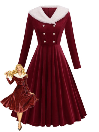 Red 1950s Christmas Velvet Santa Fur Collar Pearl Dress - vintage dress, retro fashion, rockabilly