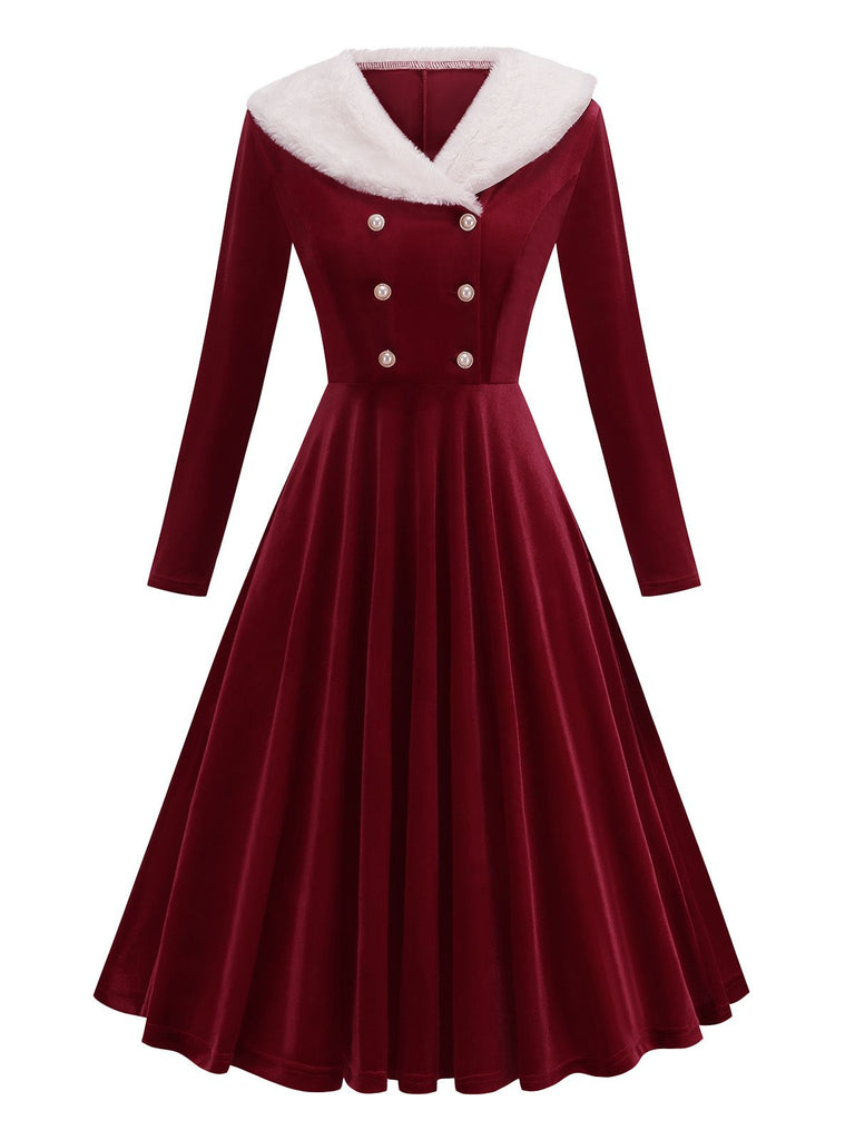 Red 1950s Christmas Velvet Santa Fur Collar Pearl Dress - vintage dress, retro fashion, rockabilly