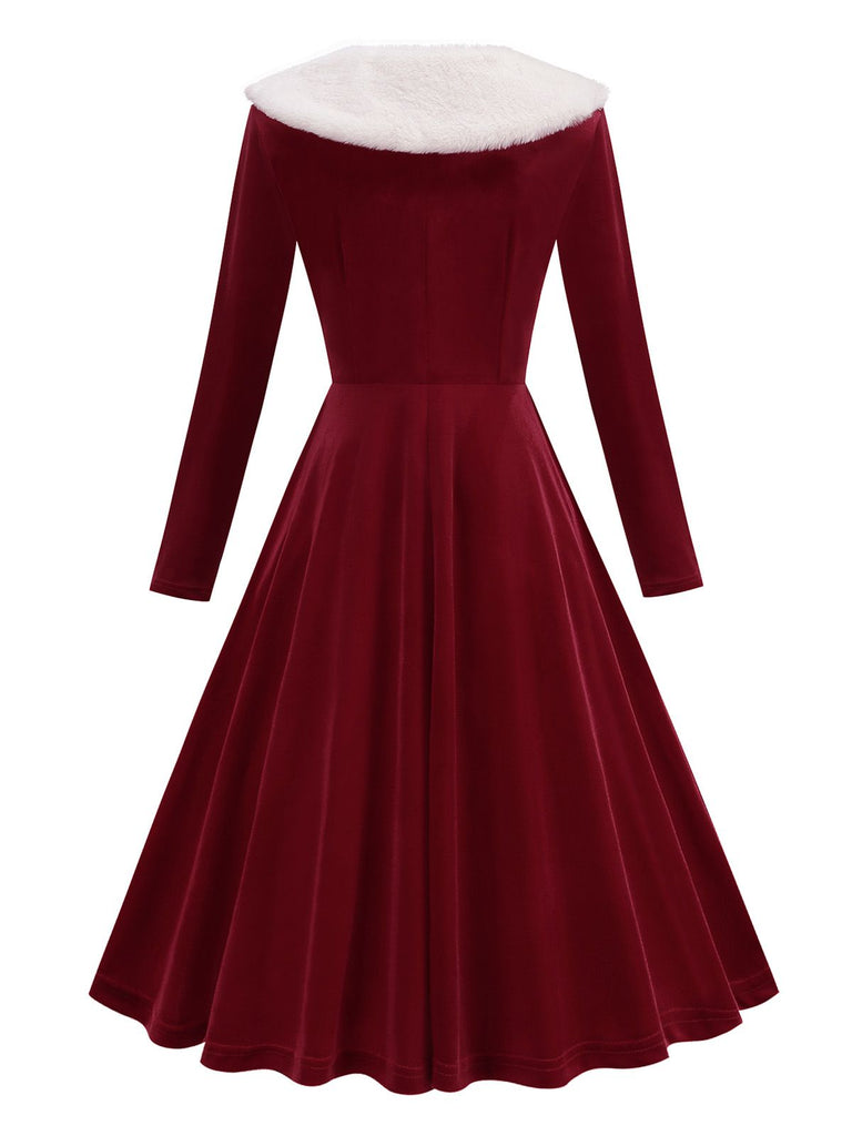 Red 1950s Christmas Velvet Santa Fur Collar Pearl Dress - vintage dress, retro fashion, rockabilly
