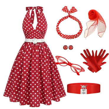 Red 1950s Polka Dot Halter Dress With Accessories Set - vintage dress, retro fashion, rockabilly