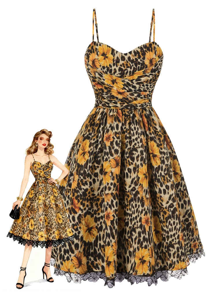 1950s Slip Leopard Sunflower Butterflies Lace Dress - vintage dress, retro fashion, rockabilly