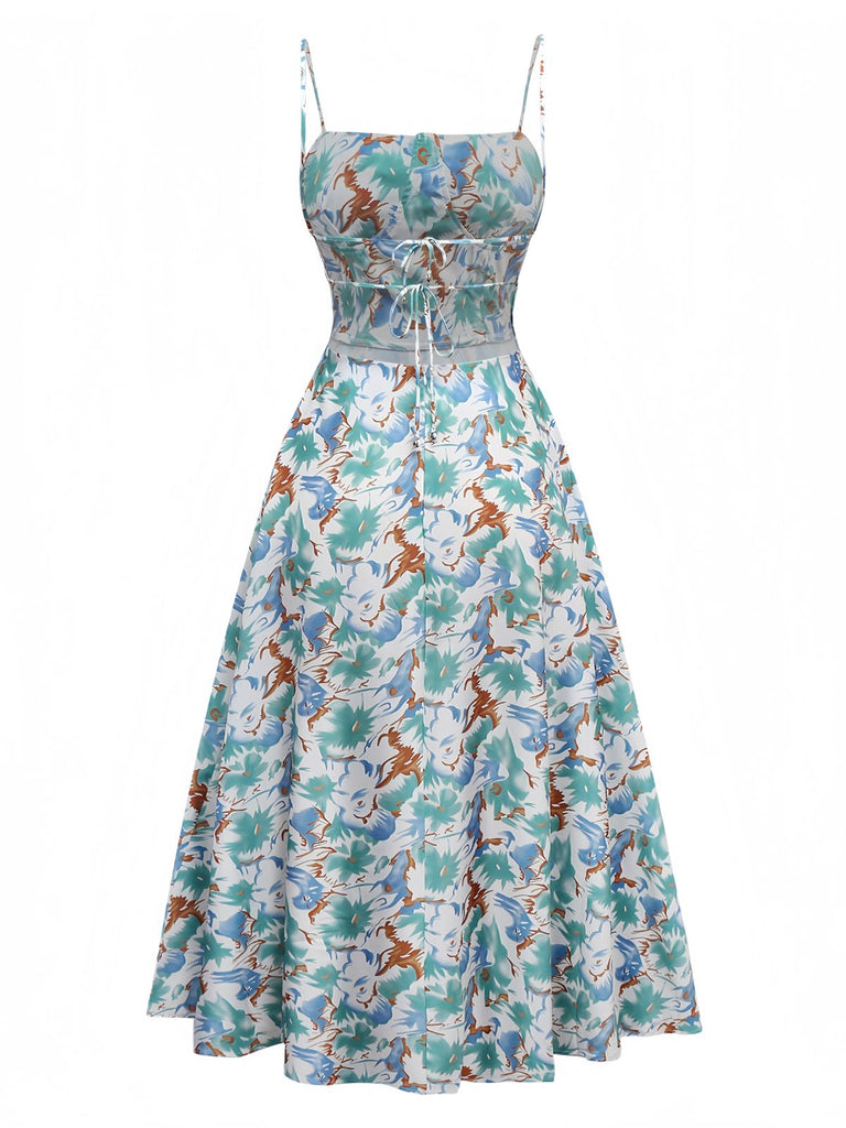 1950s Spaghetti Strap Floral Backless Side Slit Dress - vintage dress, retro fashion, rockabilly