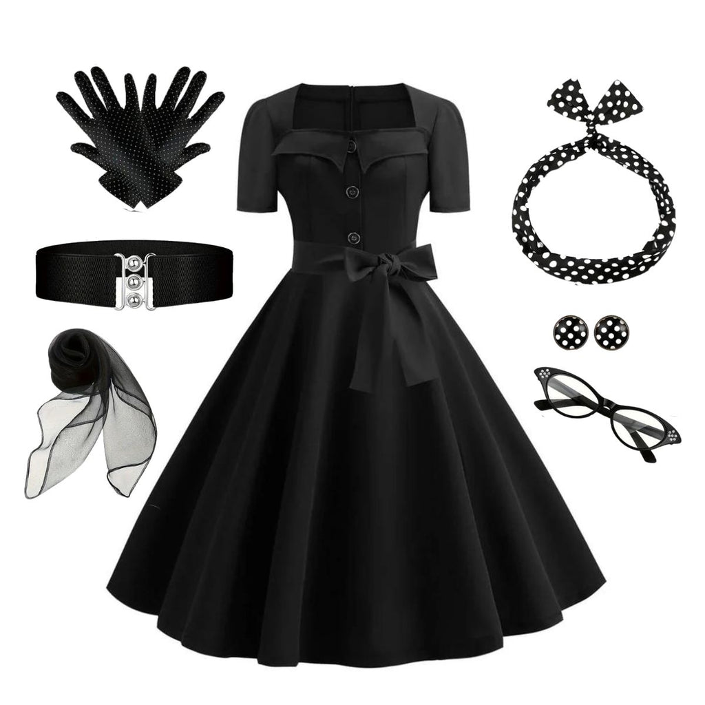 1950s Square Neck Short Sleeves Dress With Accessories Set - vintage dress, retro fashion, rockabilly