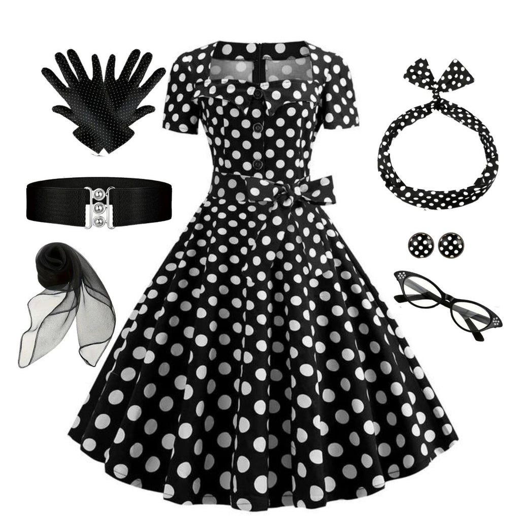 1950s Square Neck Short Sleeves Dress With Accessories Set - vintage dress, retro fashion, rockabilly