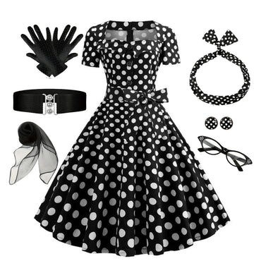 1950s Square Neck Short Sleeves Dress With Accessories Set - vintage dress, retro fashion, rockabilly