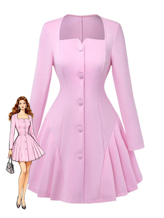 1950s Sweetheart Neck Long Sleeve Solid Pleated Dress - vintage dress, retro fashion, rockabilly