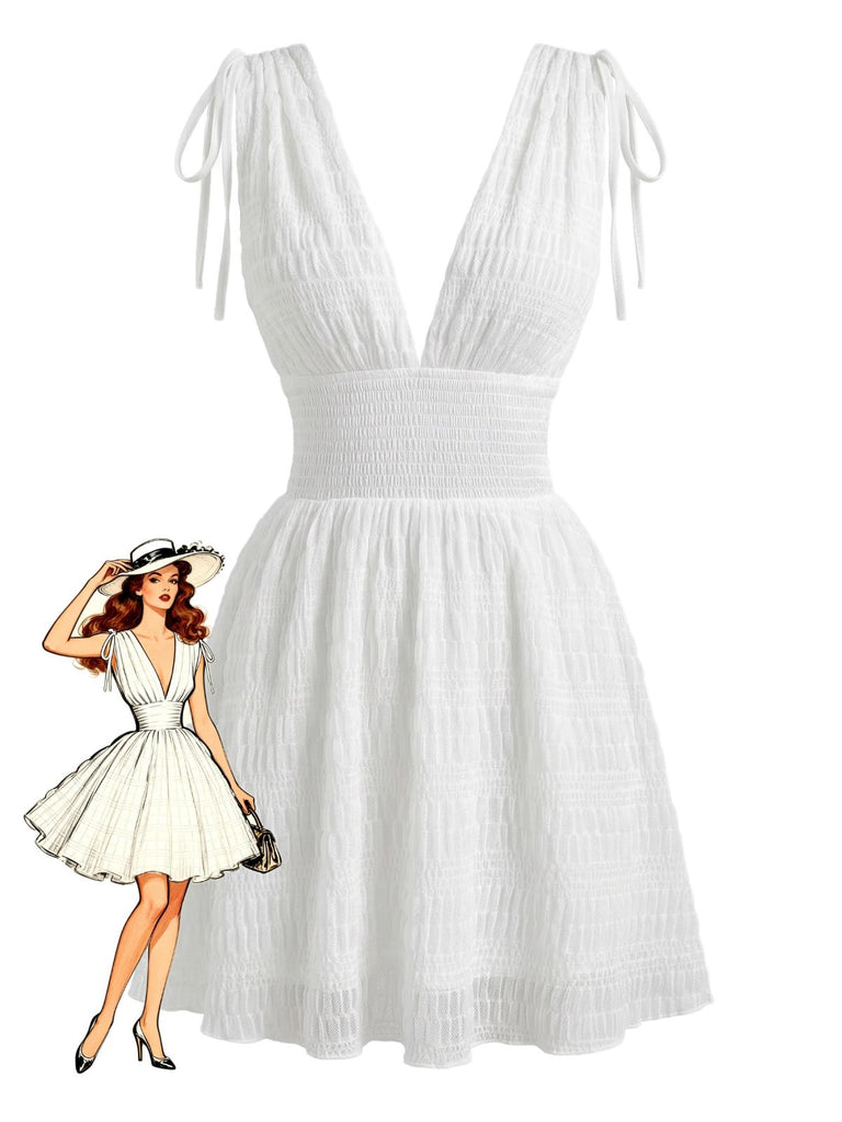 White 1950s Plunging Smocked Waist Textured Sleeveless Dress - vintage dress, retro fashion, rockabilly