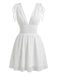 White 1950s Plunging Smocked Waist Textured Sleeveless Dress - vintage dress, retro fashion, rockabilly