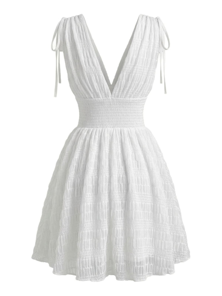 White 1950s Plunging Smocked Waist Textured Sleeveless Dress - vintage dress, retro fashion, rockabilly