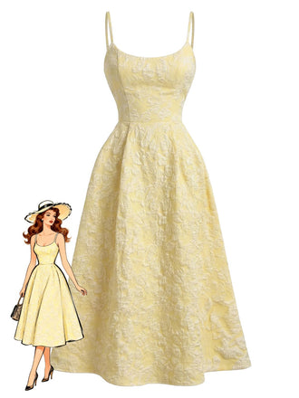Yellow 1950s Floral Jacquard Textured Spaghetti Strap Midi Dress - vintage dress, retro fashion, rockabilly