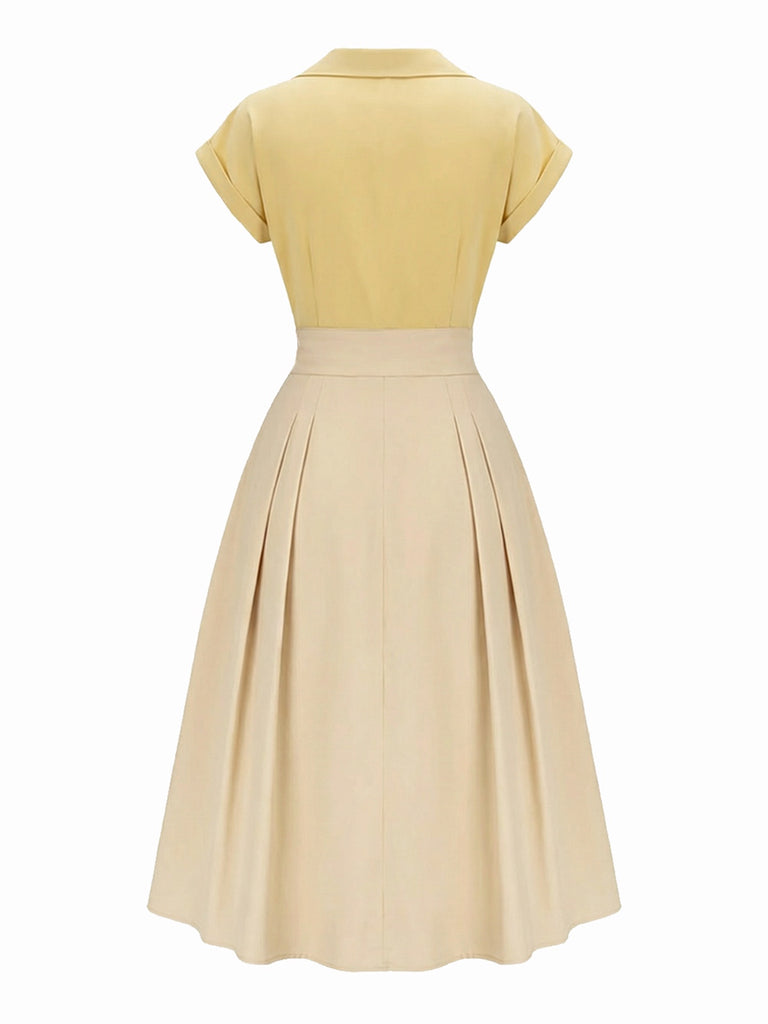 Yellow 1950s Johnny Collar Pleated Patchwork Cotton Dress - vintage dress, retro fashion, rockabilly