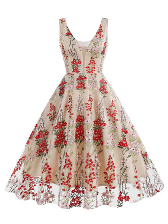1950s Embroidered Floral V-Neck Swing Dress: timeless style reimagined