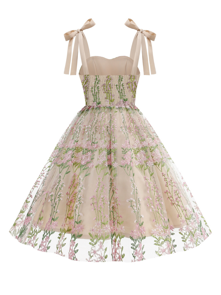 1950s Embroidered Mesh Lace-Up Sweetheart Neck Dress: where 1950s romance meets her modern spirit