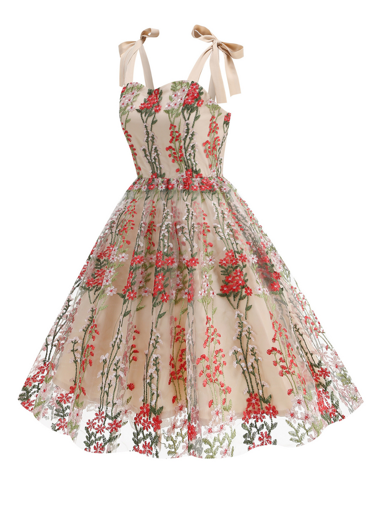 1950s Embroidered Mesh Lace-Up Sweetheart Neck Dress — the kind of 1950s dress that makes strangers smile