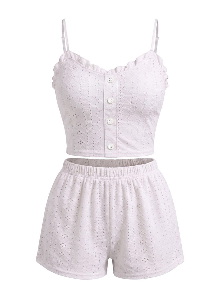 1950s Eyelet Ruffle Spaghetti Strap Button Pajama Set, vintage fashion, retro style - perfect for women who love vintage and retro fashion
