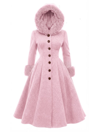Pink 1950s Faux-Wool Hooded Button Coat, vintage coat, retro outerwear - perfect for women who love vintage and retro fashion