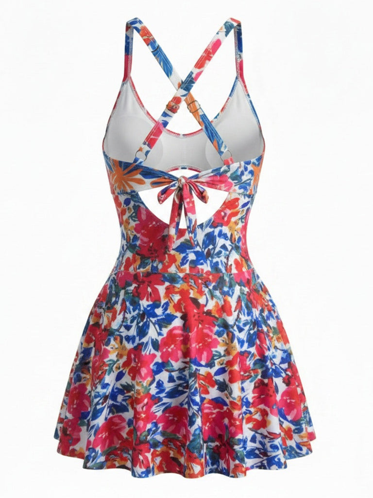 Red 1950s Color Block Skirted One Piece Swimsuit, vintage skirt, retro style - perfect for women who love vintage and retro fashion