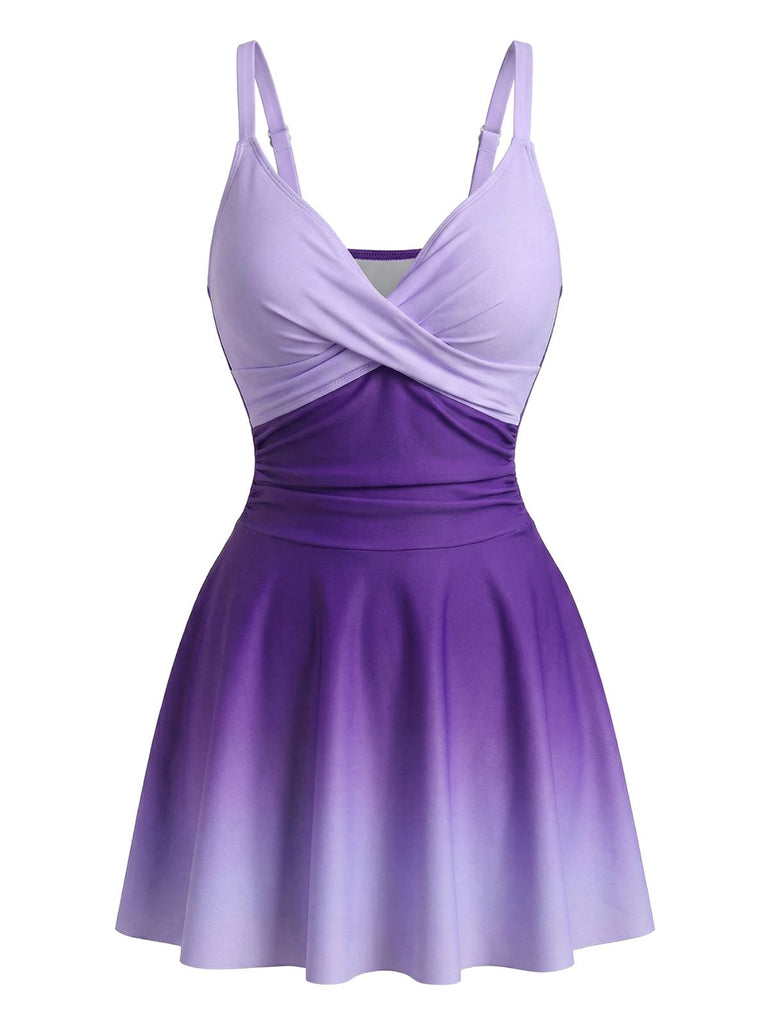 1940s Mirrored Ombre Front Twist One-Piece Swim Dress, vintage dress, retro fashion, women, elegant