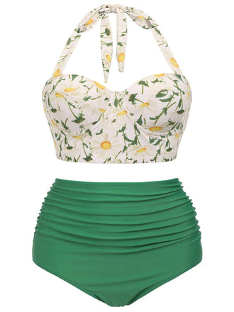 1950s Floral Halter Lace-up Bikini Set: timeless style reimagined