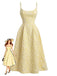 Yellow 1950s Floral Jacquard Textured Spaghetti Strap Midi Dress - vintage dress, retro fashion, rockabilly