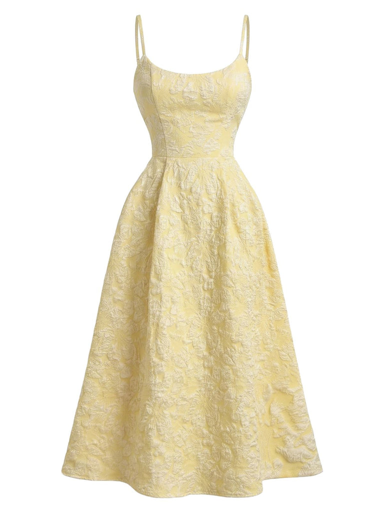 Yellow 1950s Floral Jacquard Textured Spaghetti Strap Midi Dress - vintage dress, retro fashion, rockabilly