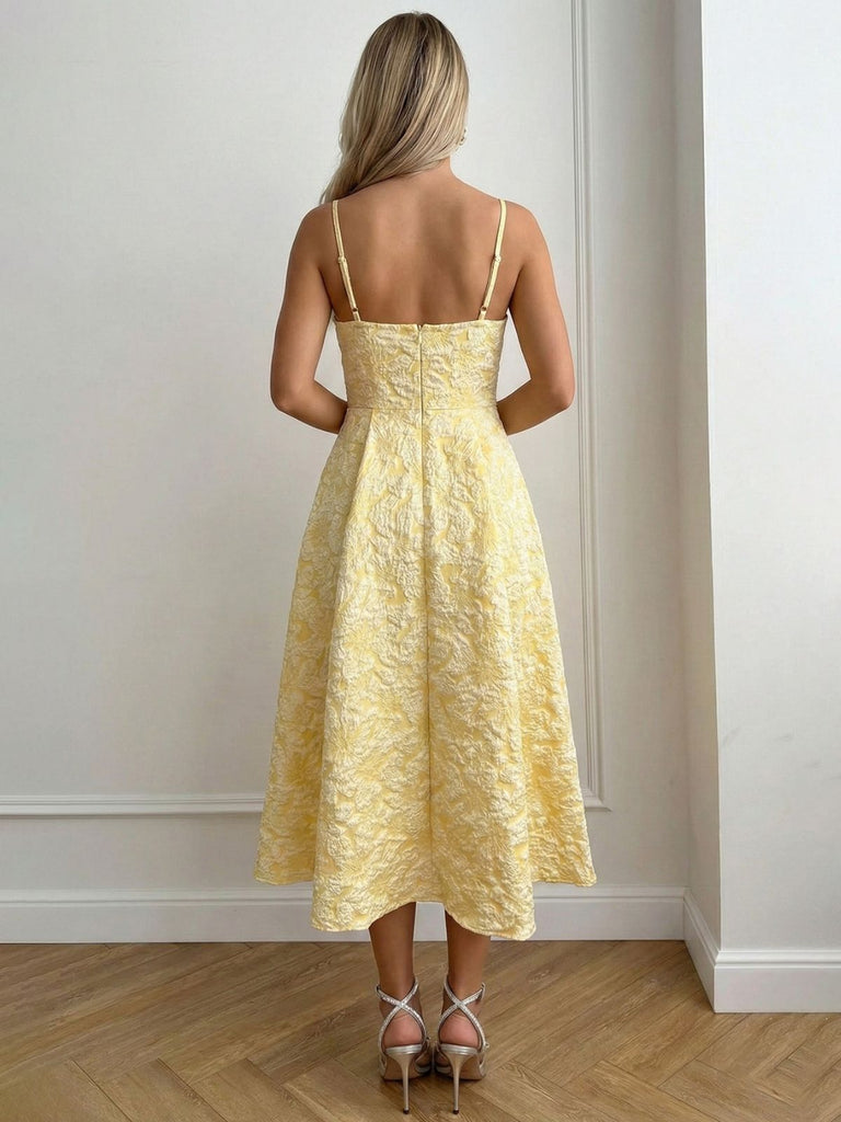 Yellow 1950s Floral Jacquard Textured Spaghetti Strap Midi Dress - vintage dress, retro fashion, rockabilly