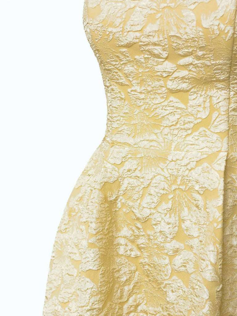 Yellow 1950s Floral Jacquard Textured Spaghetti Strap Midi Dress - vintage dress, retro fashion, rockabilly