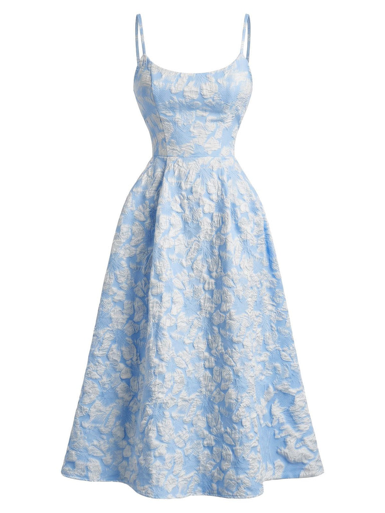 Yellow 1950s Floral Jacquard Textured Spaghetti Strap Midi Dress, vintage dress, retro fashion, rockabilly, pin-up fashion - perfect for women who love vintage and retro fashion