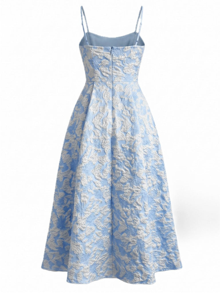 Yellow 1950s Floral Jacquard Textured Spaghetti Strap Midi Dress, vintage dress, retro fashion, rockabilly, pin-up fashion - perfect for women who love vintage and retro fashion