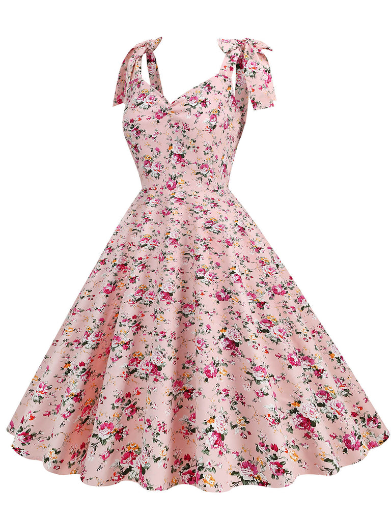 1950s Floral Lace-Up Shoulder V-Neck Swing Dress — vintage elegance for the modern woman