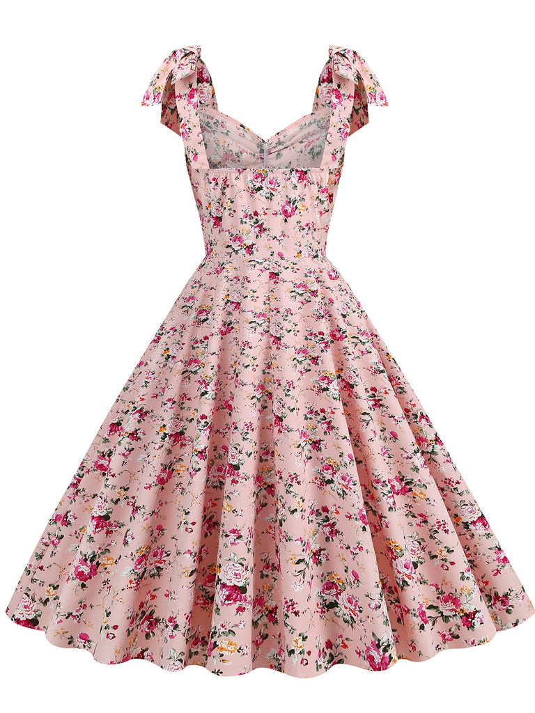 1950s Floral Lace-Up Shoulder V-Neck Swing Dress: timeless style reimagined