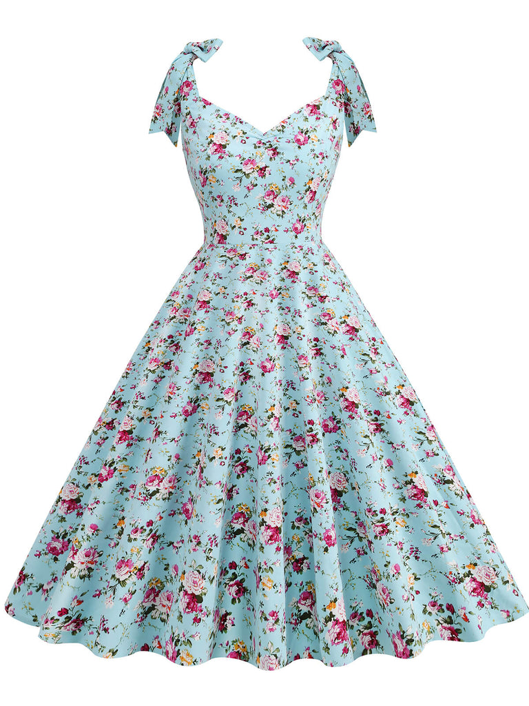 1950s Floral Lace-Up Shoulder V-Neck Swing Dress: timeless style reimagined