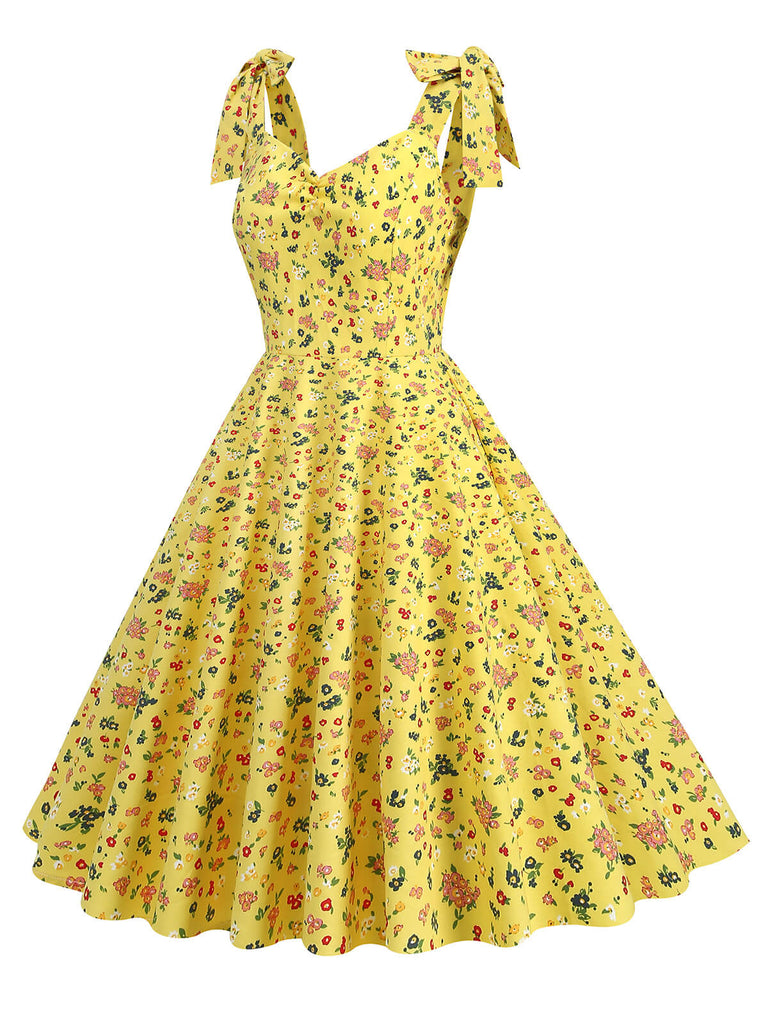 1950s Floral Lace-Up Shoulder V-Neck Swing Dress — vintage elegance for the modern woman