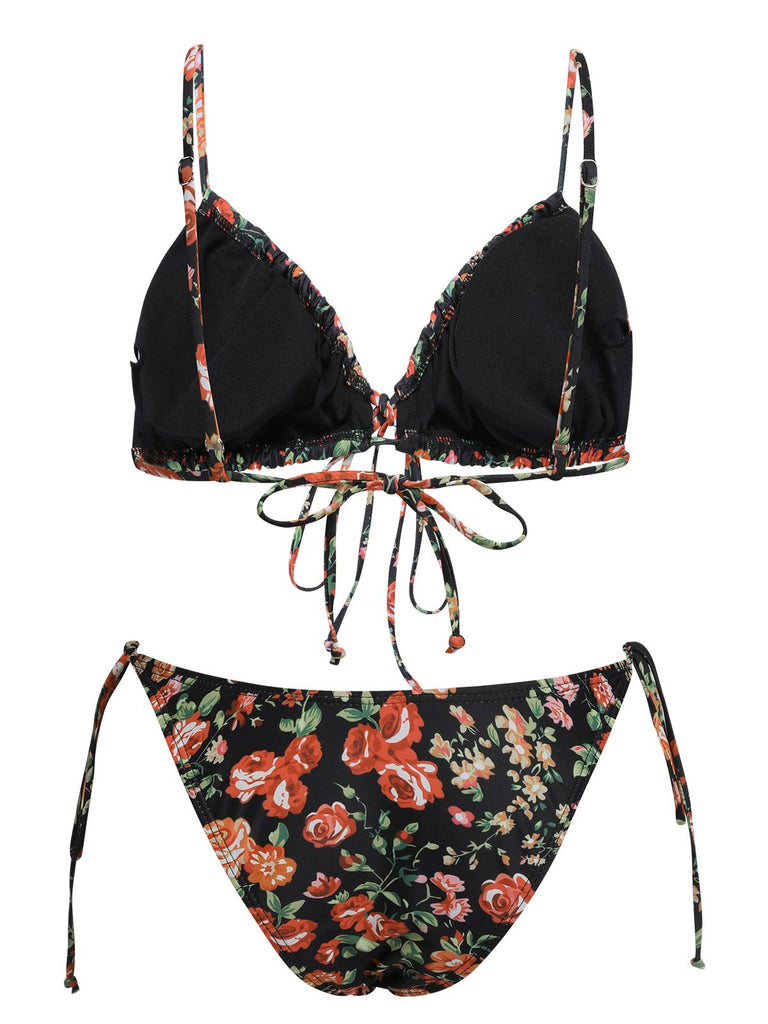 1950s Floral Lace-Up Spaghetti Strap Bikini Set, vintage swimsuit, pin-up swimwear - perfect for women who love vintage and retro fashion