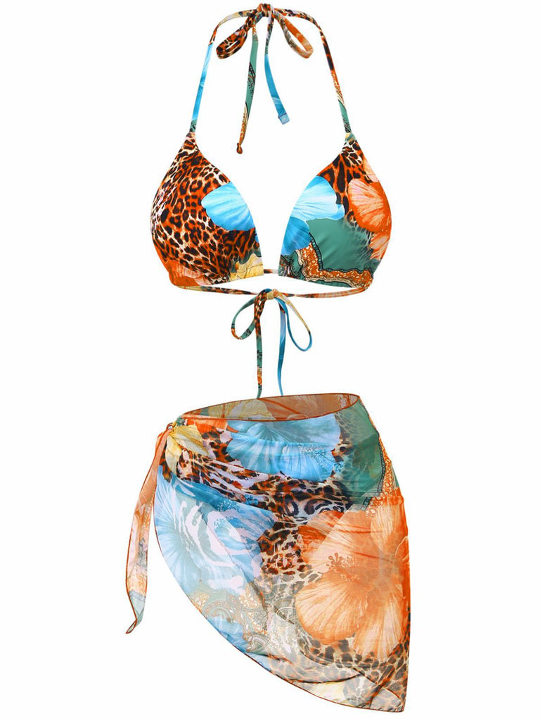 1950s Floral Leopard Halter Bikini Set & Cover-Up - vintage fashion, retro style
