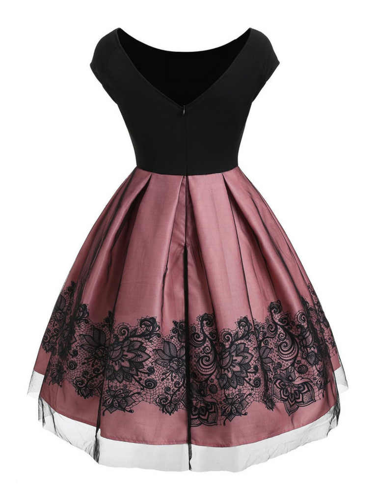 She wears 1950s Floral Print Off Shoulder Dress with 1950s grace